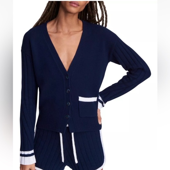 RAG & BONE Navy White Serena Button Front V-Neck Cardigan Sweater Women’s XS - Picture 3 of 16